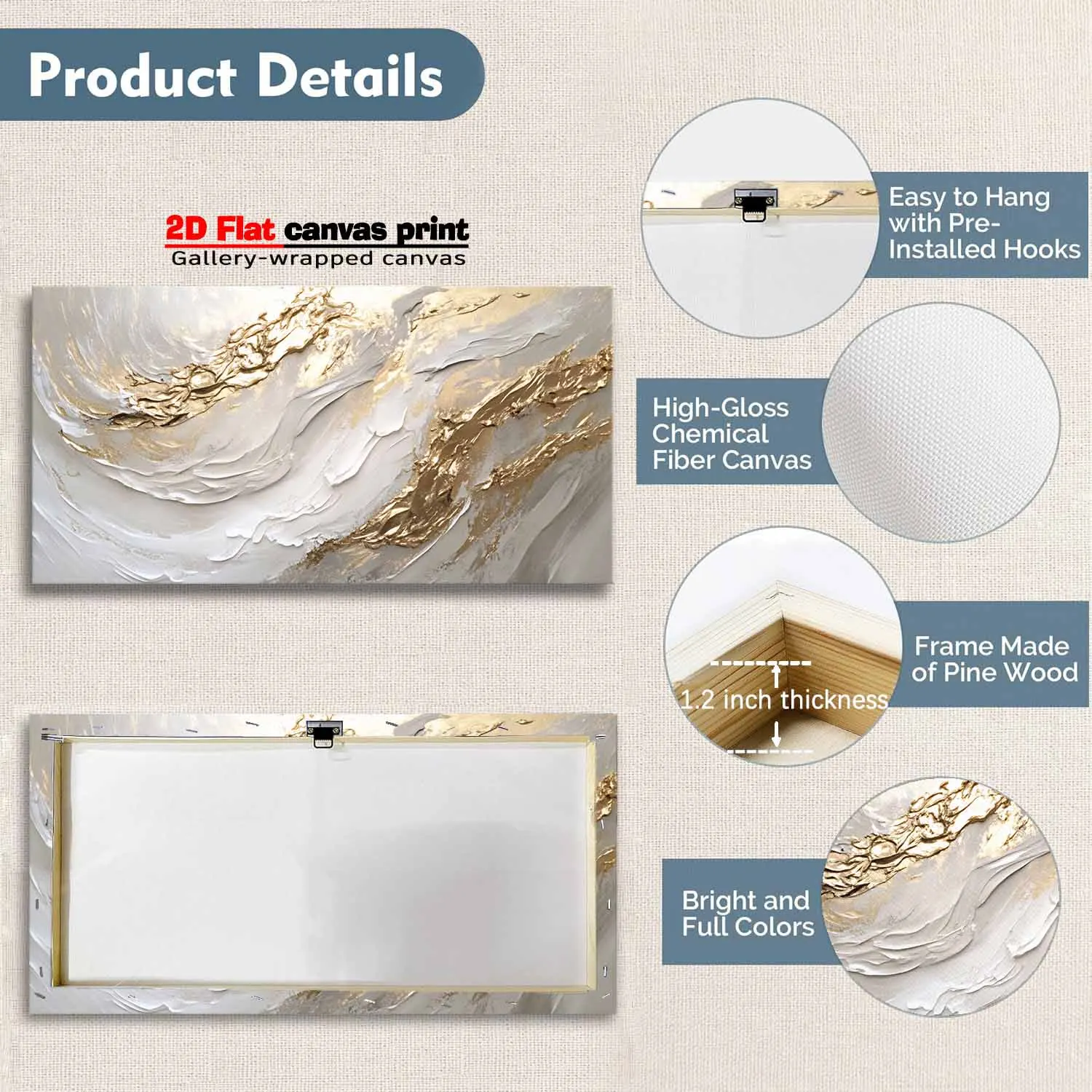 White & Gold Canvas Wall Art – Modern Abstract Textured Wave Design - Image 7