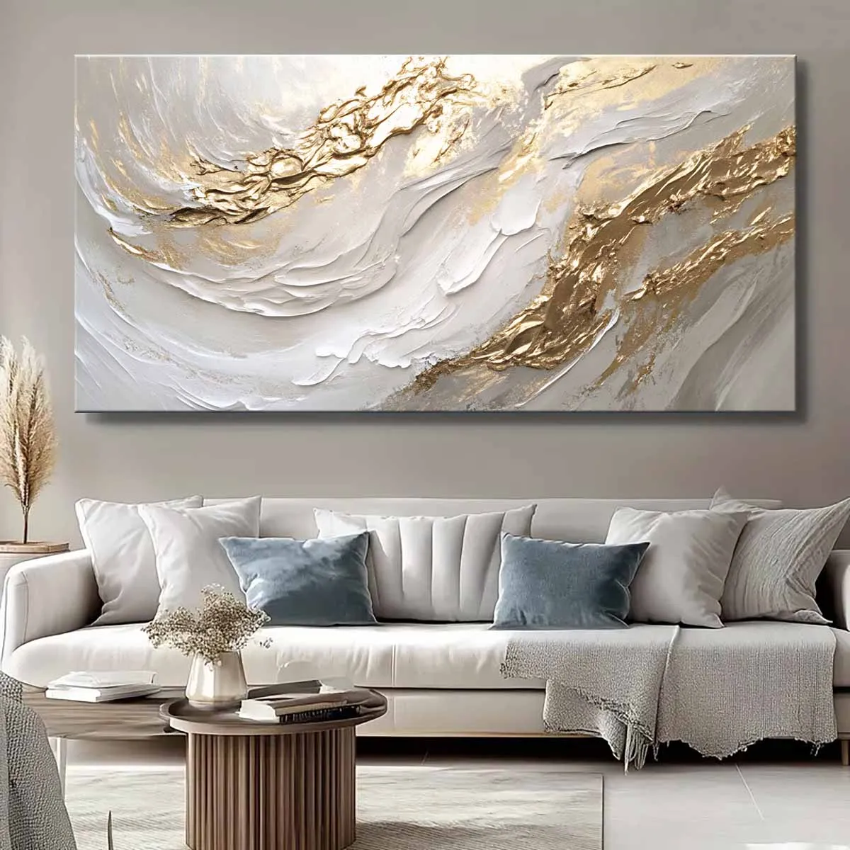 White & Gold Canvas Wall Art – Modern Abstract Textured Wave Design - Image 1