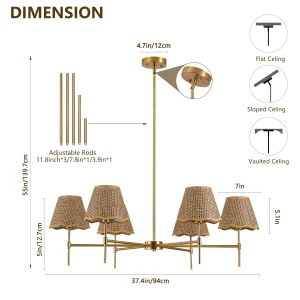 ARLGSITE 37" Bohemian Woven Rattan Chandelier – 6-Light Hanging Pendant - Thumbnail Image 4