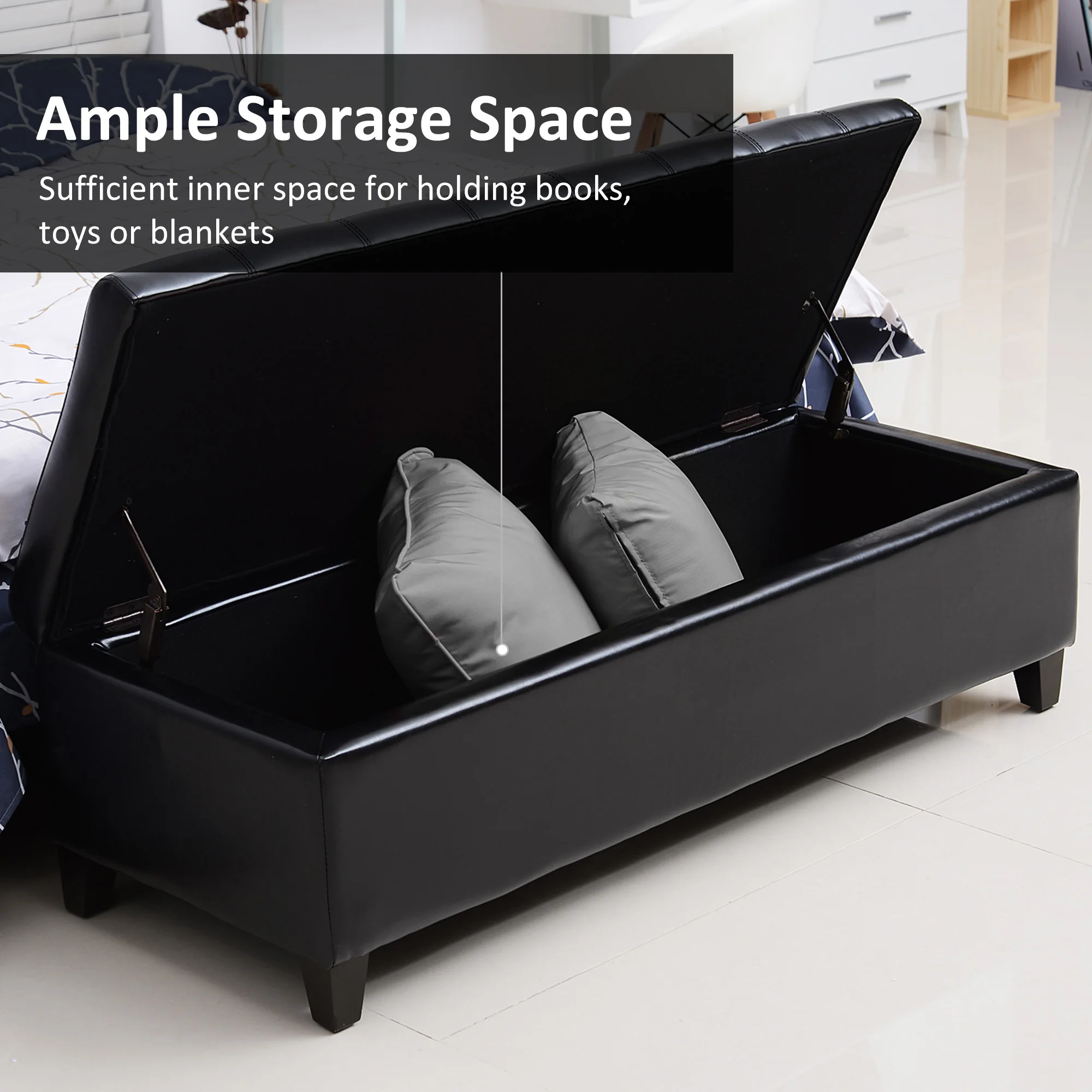 HOMCOM 51" Ottoman Storage Bench – Black Faux Leather Tufted Lift-Top Bench - Image 3