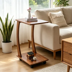 Light Walnut C-Shaped Side Table with Rolling Casters – Solid Wood Sofa Accent Table