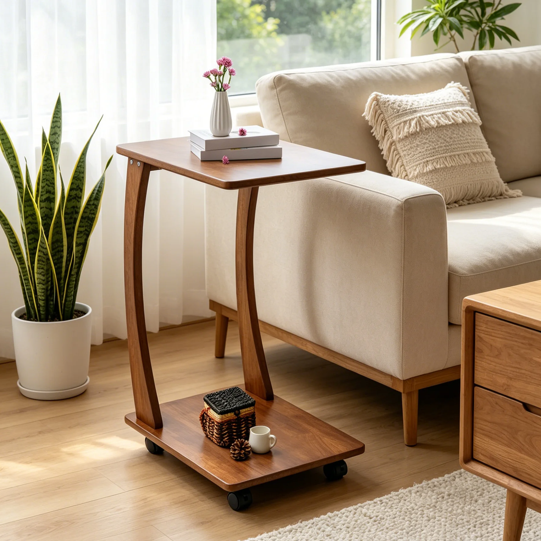 Light Walnut C-Shaped Side Table with Rolling Casters – Solid Wood Sofa Accent Table - Image 1