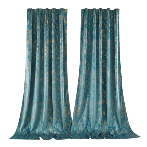 Luxury Teal & Gold Foil Velvet Blackout Curtains – 2-Panel Vintage Window Drapes - Thumbnail Image 3