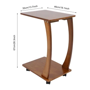 Light Walnut C-Shaped Side Table with Rolling Casters – Solid Wood Sofa Accent Table - Thumbnail Image 3
