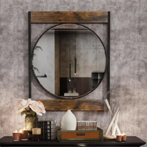 Industrial Metal & Wood Frame Wall Mirror – 63 × 76 CM Decorative Accent Mirror - Thumbnail Image 2