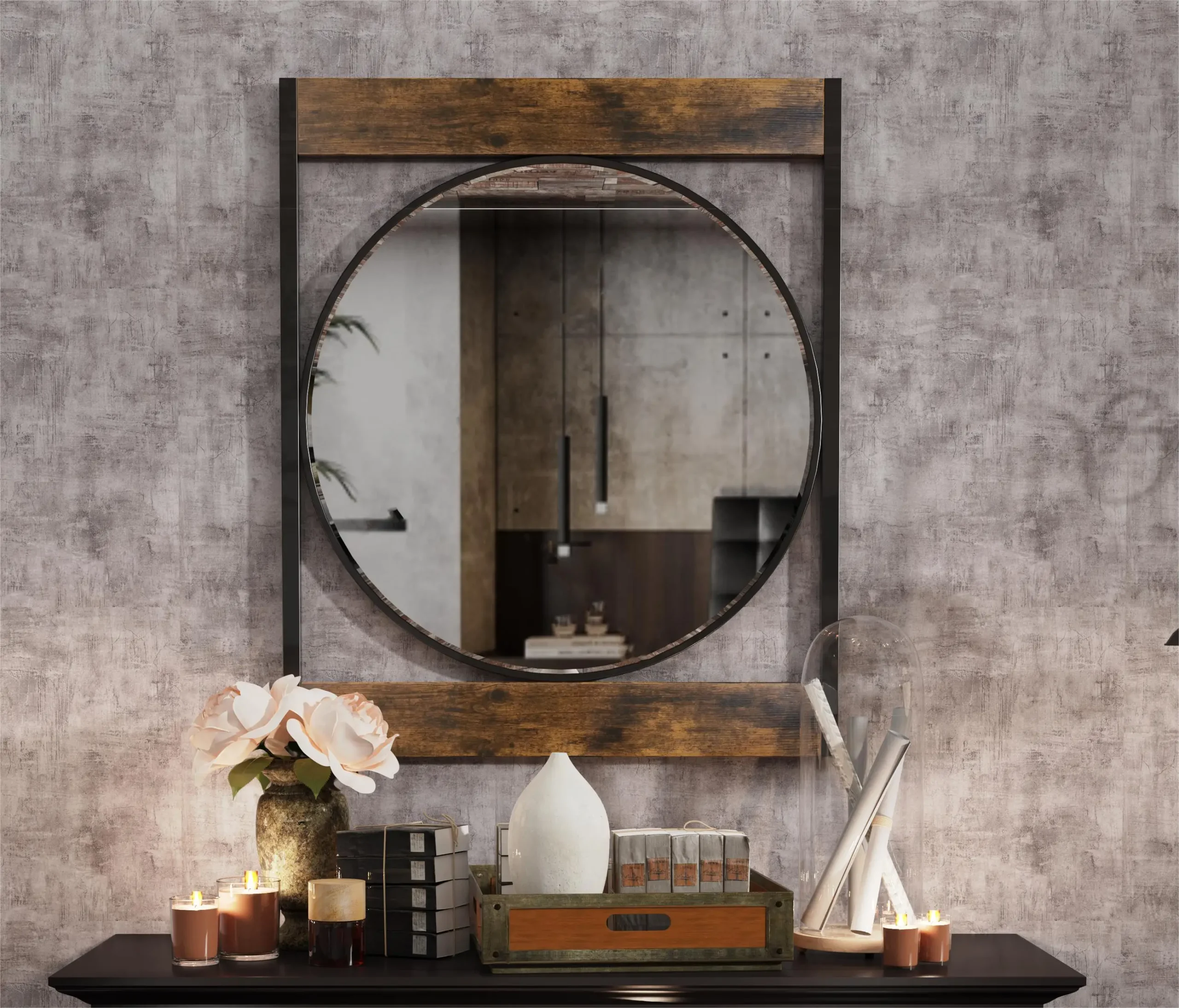 Industrial Metal & Wood Frame Wall Mirror – 63 × 76 CM Decorative Accent Mirror - Image 2