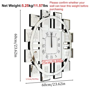 Elegant 24" Crushed Diamond Wall Clock – Silver Mirror Finish - Thumbnail Image 7