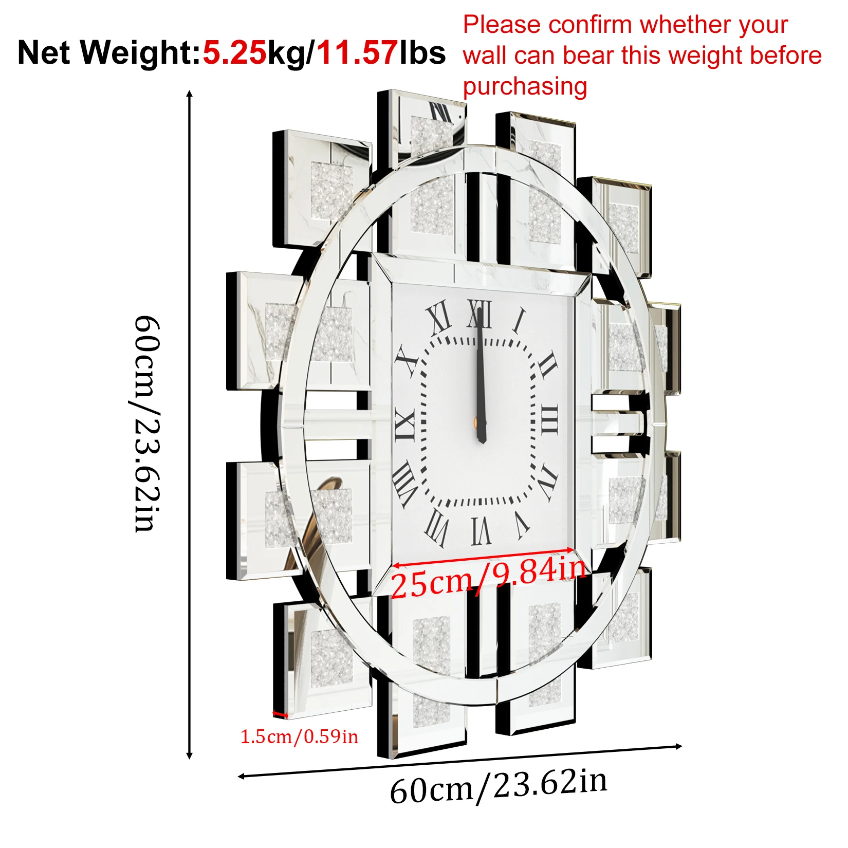 Elegant 24" Crushed Diamond Wall Clock – Silver Mirror Finish - Image 7