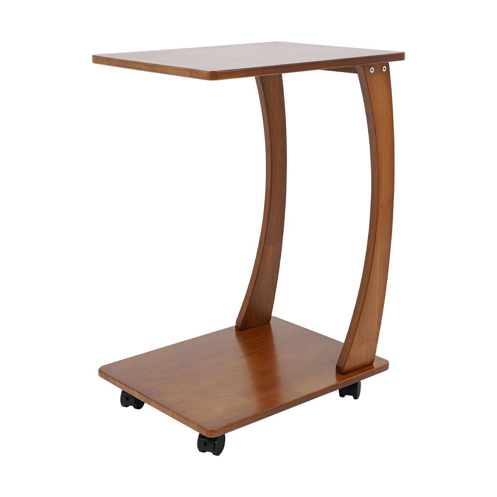 Light Walnut C-Shaped Side Table with Rolling Casters – Solid Wood Sofa Accent Table - Image 4