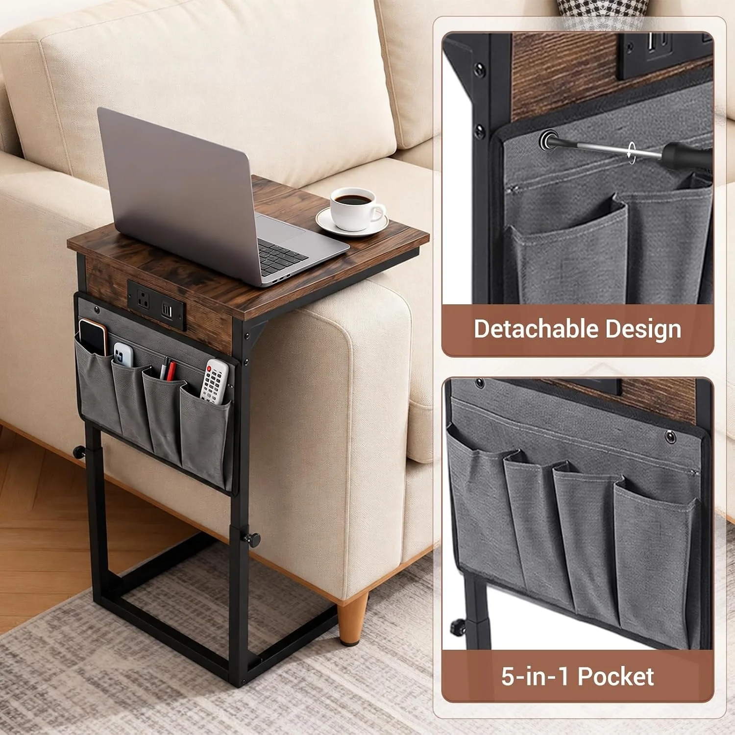 Height-Adjustable C-Shaped End Table with Side Pocket – Modern Space-Saving Sofa Table - Image 5