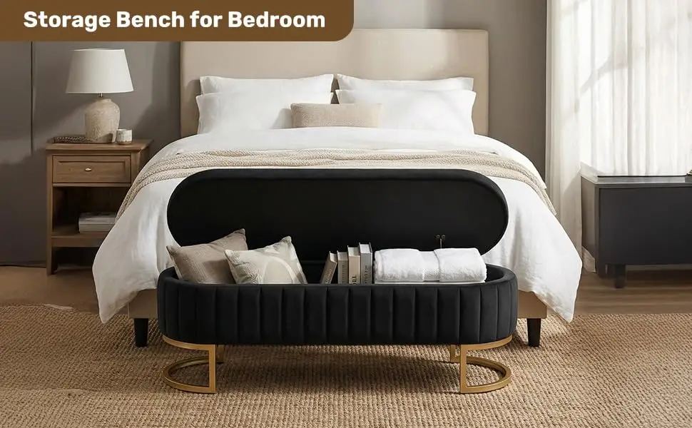 51" Velvet Tufted Storage Ottoman Bench – Elegant Flip-Top Bench with Gold Metal Legs - Image 5