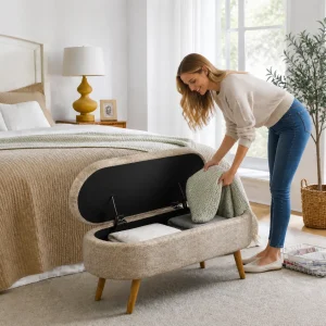 43.5" Bouclé Storage Bench – Elegant Oval Upholstered Ottoman with Hidden Storage - Thumbnail Image 6
