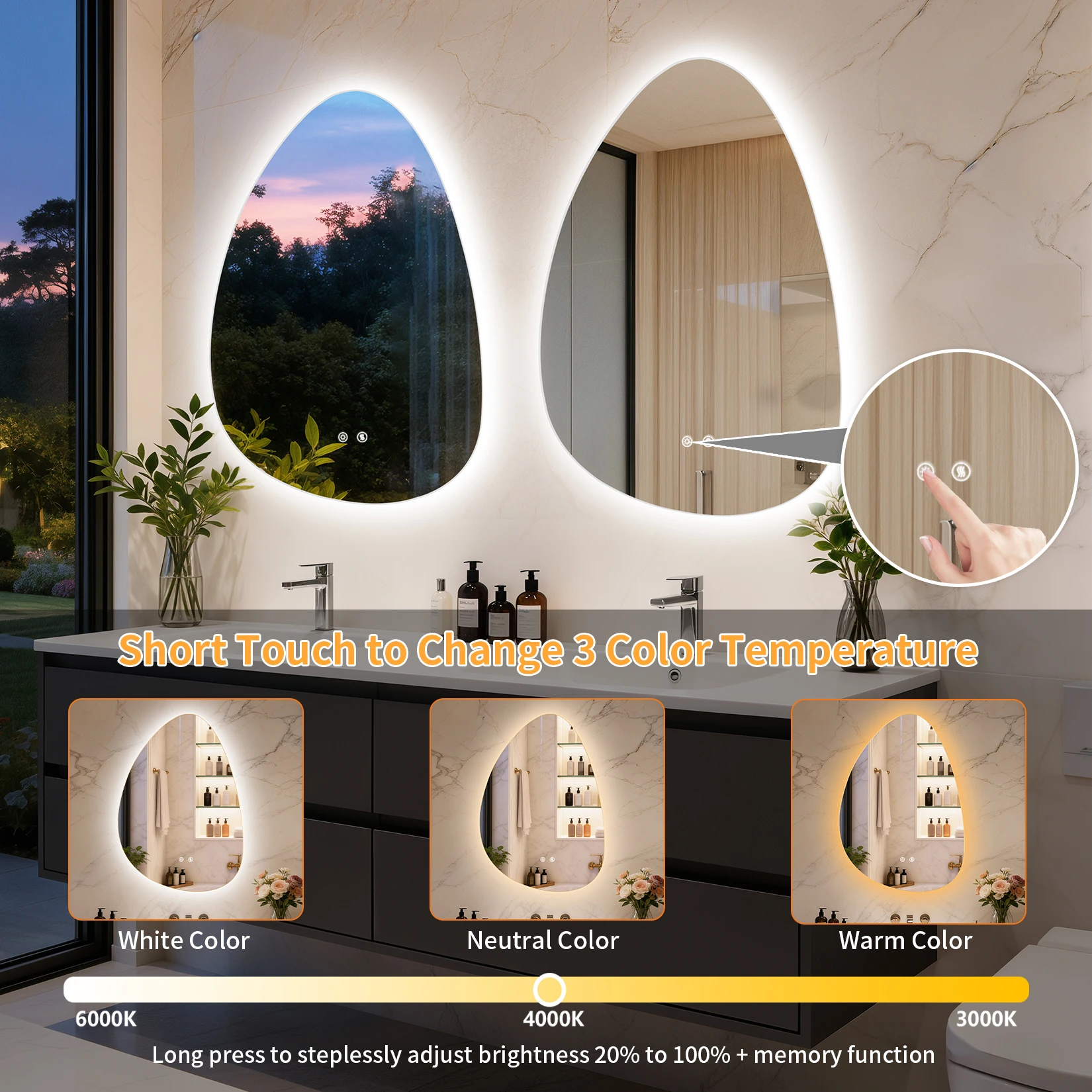 Modern LED Pebble-Shaped Bathroom Mirror – 3-Color Lighting & Anti-Fog Design - Image 5