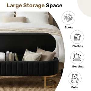 51" Velvet Tufted Storage Ottoman Bench – Elegant Flip-Top Bench with Gold Metal Legs - Thumbnail Image 3