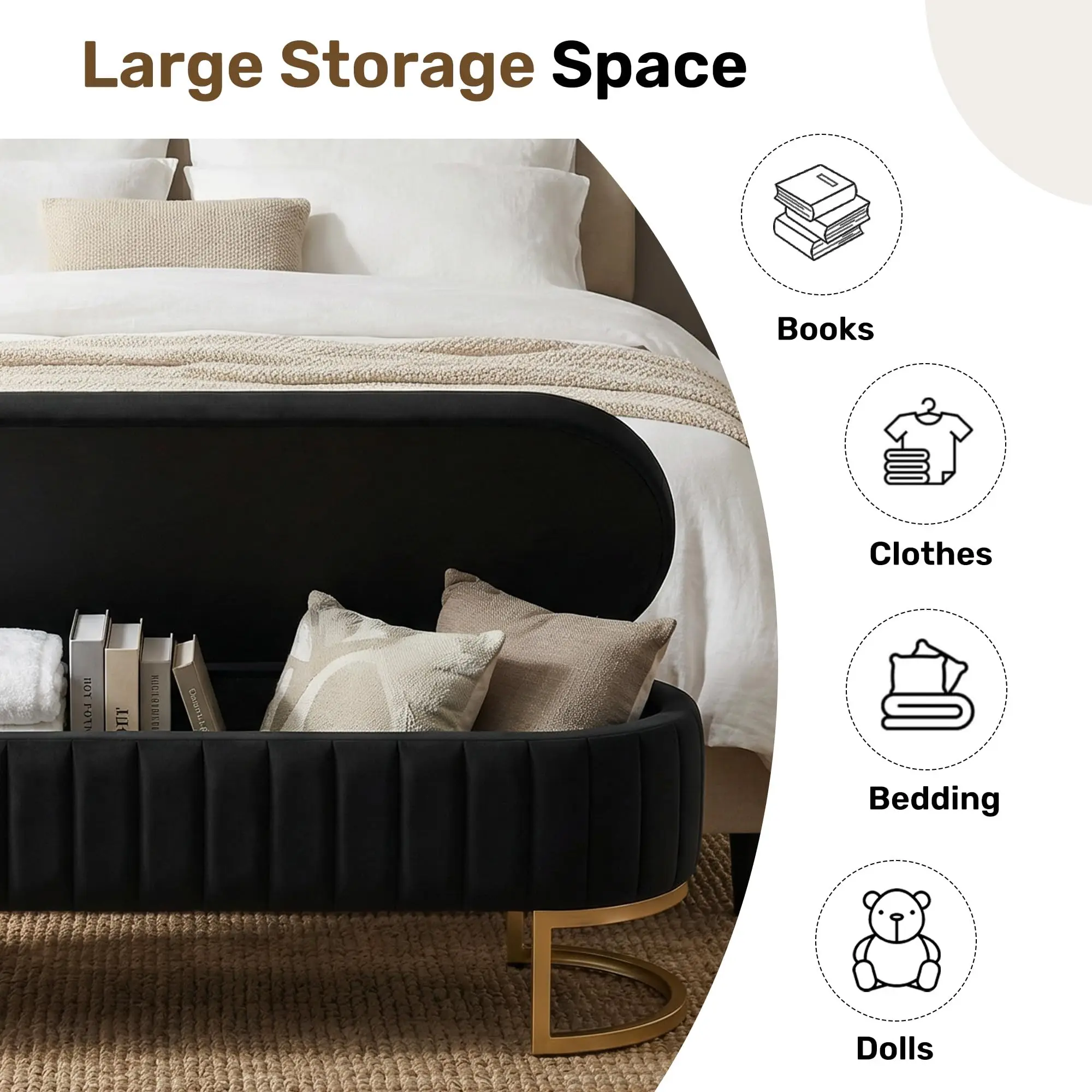 51" Velvet Tufted Storage Ottoman Bench – Elegant Flip-Top Bench with Gold Metal Legs - Image 3