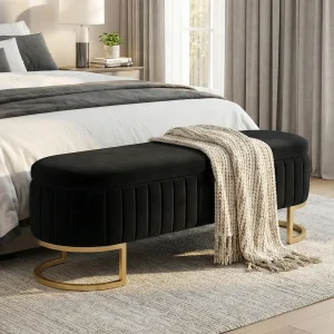 51" Velvet Tufted Storage Ottoman Bench – Elegant Flip-Top Bench with Gold Metal Legs
