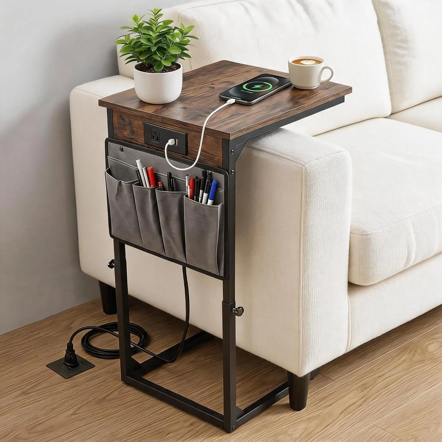 Height-Adjustable C-Shaped End Table with Side Pocket – Modern Space-Saving Sofa Table - Image 6