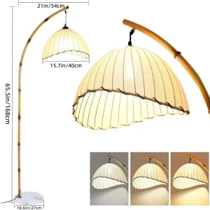 Wabi-Sabi Bamboo Arched Floor Lamp – Modern Pleated Shade with Marble Base & 3-Color LED Lighting - Thumbnail Image 5