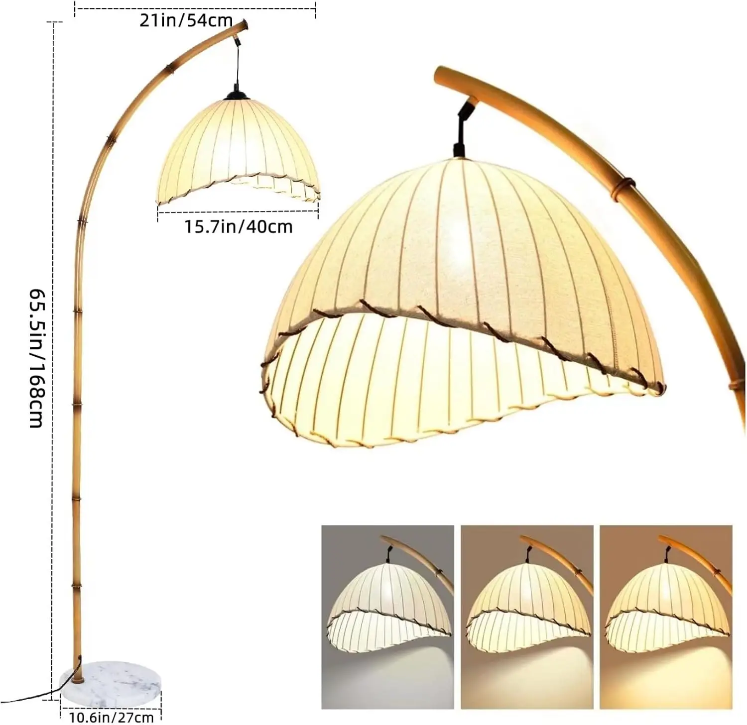Wabi-Sabi Bamboo Arched Floor Lamp – Modern Pleated Shade with Marble Base & 3-Color LED Lighting - Image 5