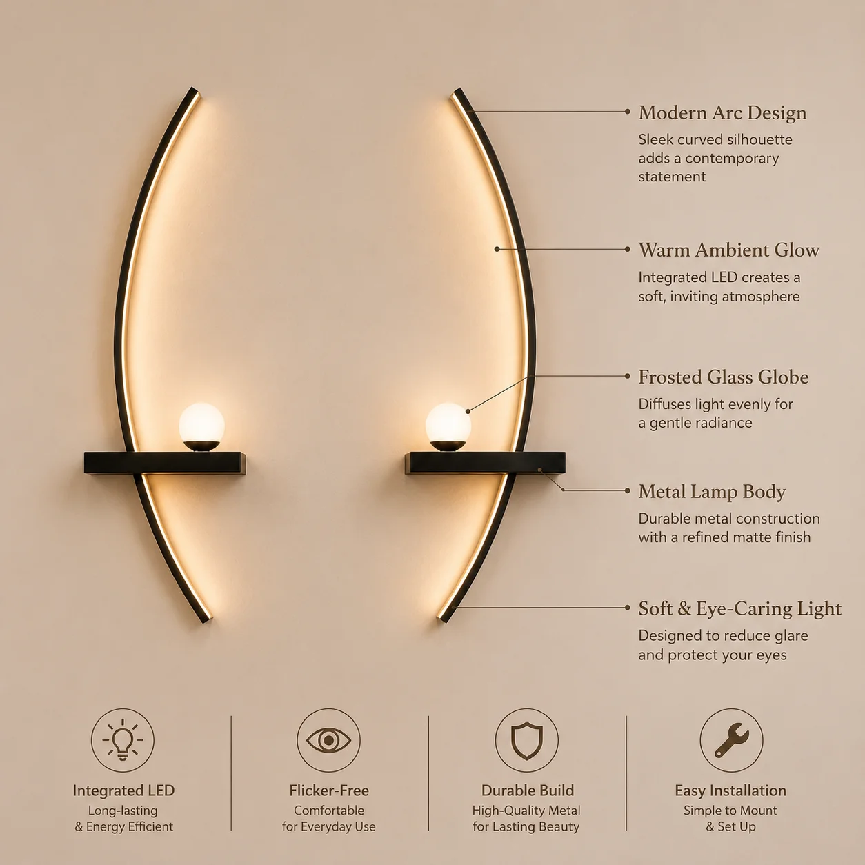 Modern Curved Crescent LED Wall Lamp – 3-Color Minimalist Decorative Lighting - Image 6