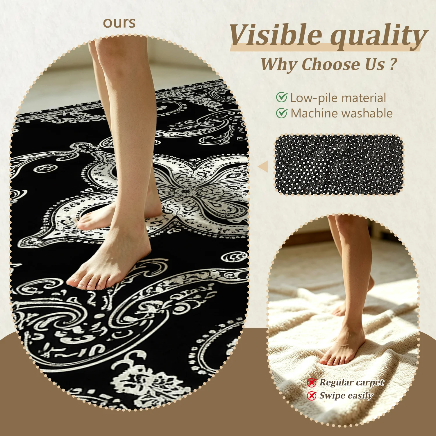 Black & White Vintage Paisley Area Rug – Soft Velvet, Non-Slip & Machine Washable - Image 6