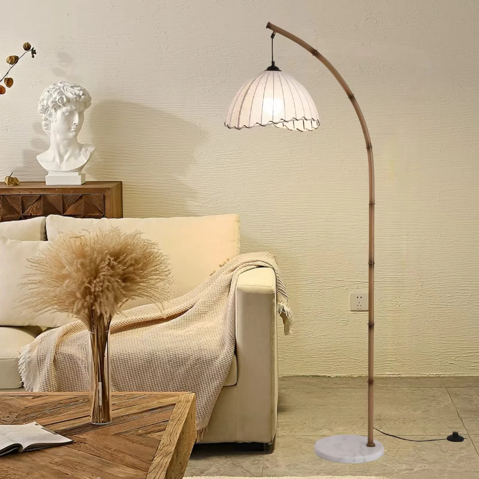 Wabi-Sabi Bamboo Arched Floor Lamp – Modern Pleated Shade with Marble Base & 3-Color LED Lighting - Image 3