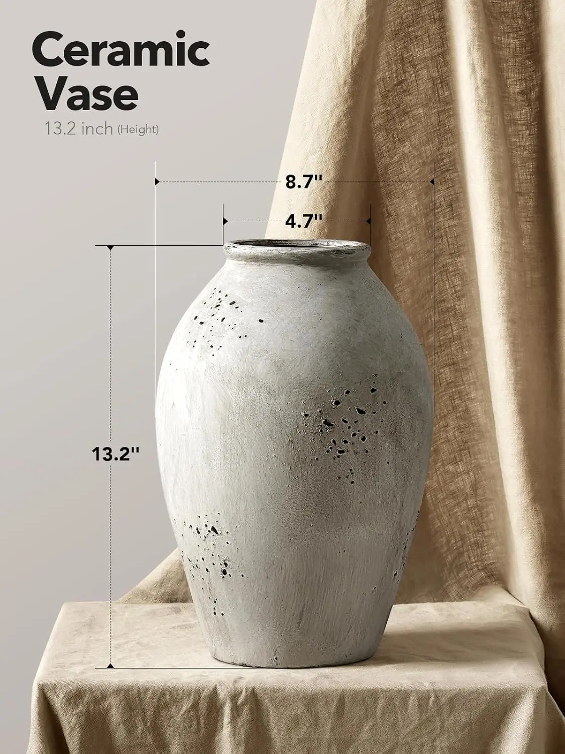 13.2-Inch Wabi-Sabi Ceramic Flower Vase – Weathered Stone Greige Decorative Vase - Image 2