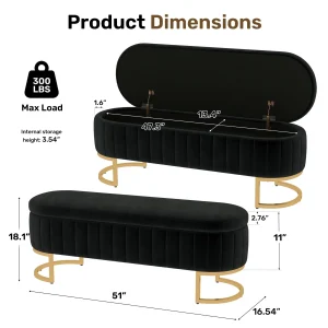 51" Velvet Tufted Storage Ottoman Bench – Elegant Flip-Top Bench with Gold Metal Legs - Thumbnail Image 2