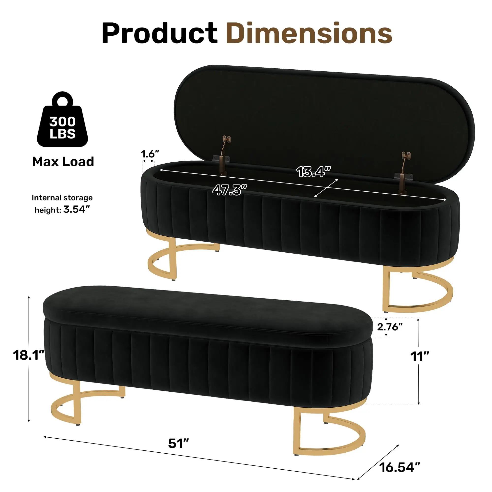 51" Velvet Tufted Storage Ottoman Bench – Elegant Flip-Top Bench with Gold Metal Legs - Image 2
