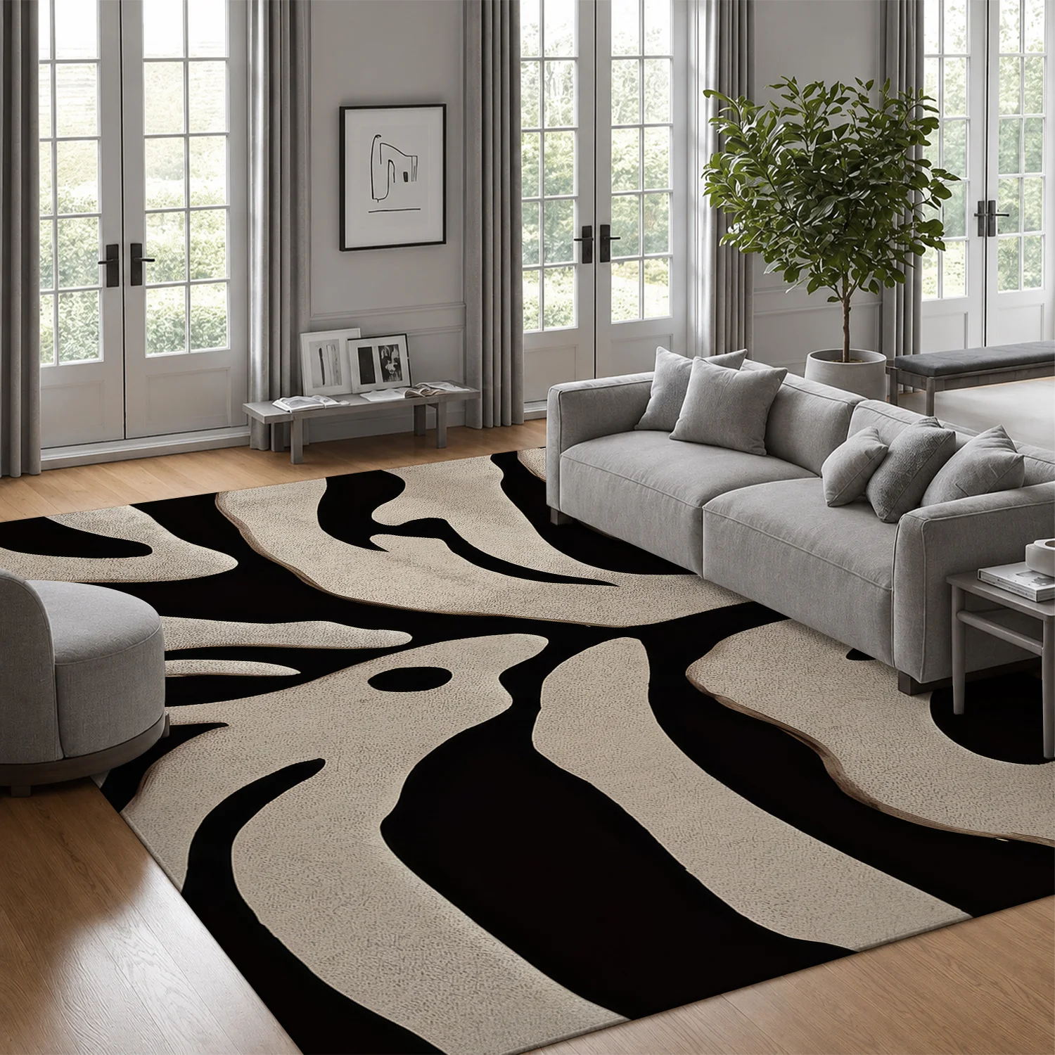 Black & Beige Abstract Leaf Area Rug – Soft Velvet, Non-Slip & Machine Washable - Image 1