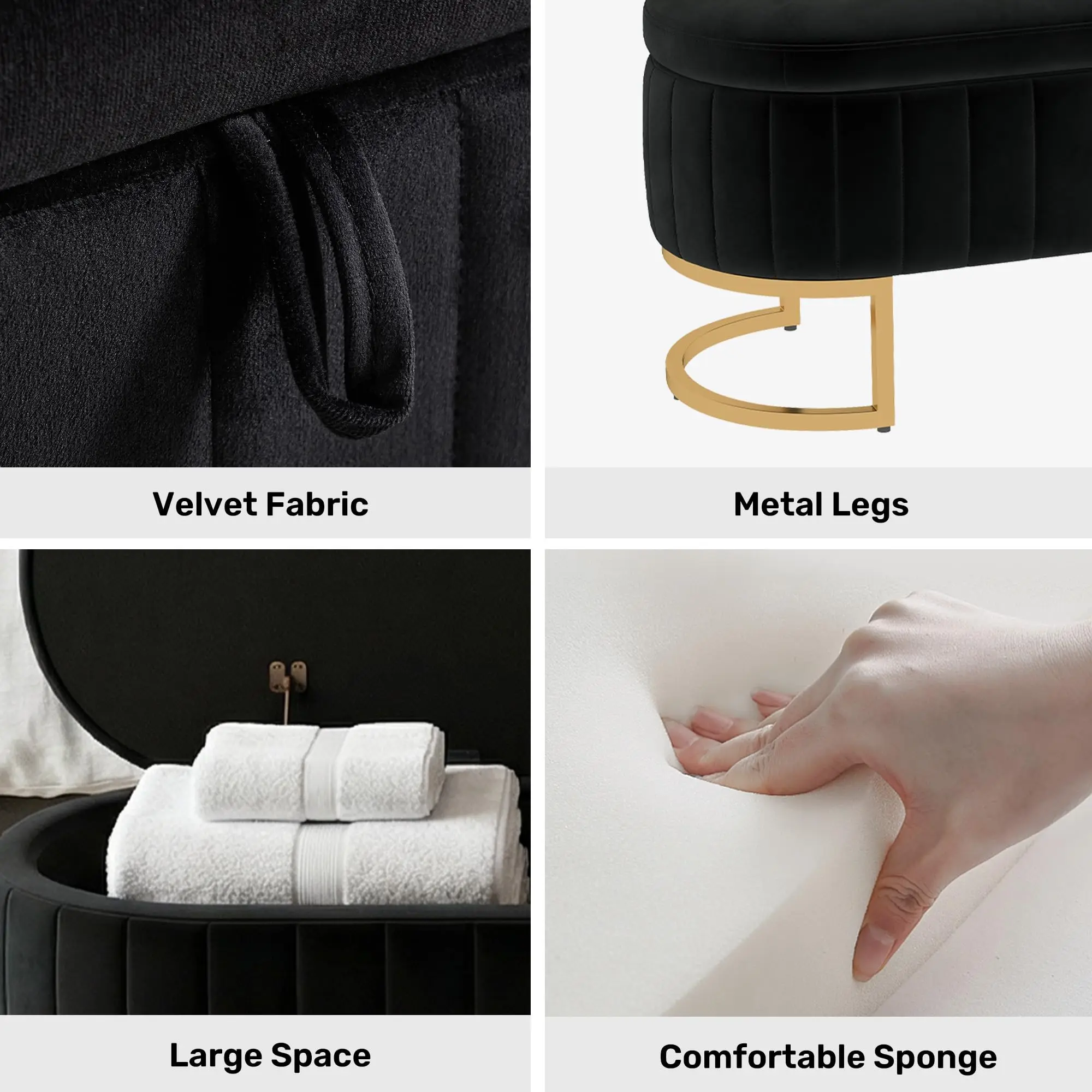 51" Velvet Tufted Storage Ottoman Bench – Elegant Flip-Top Bench with Gold Metal Legs - Image 4