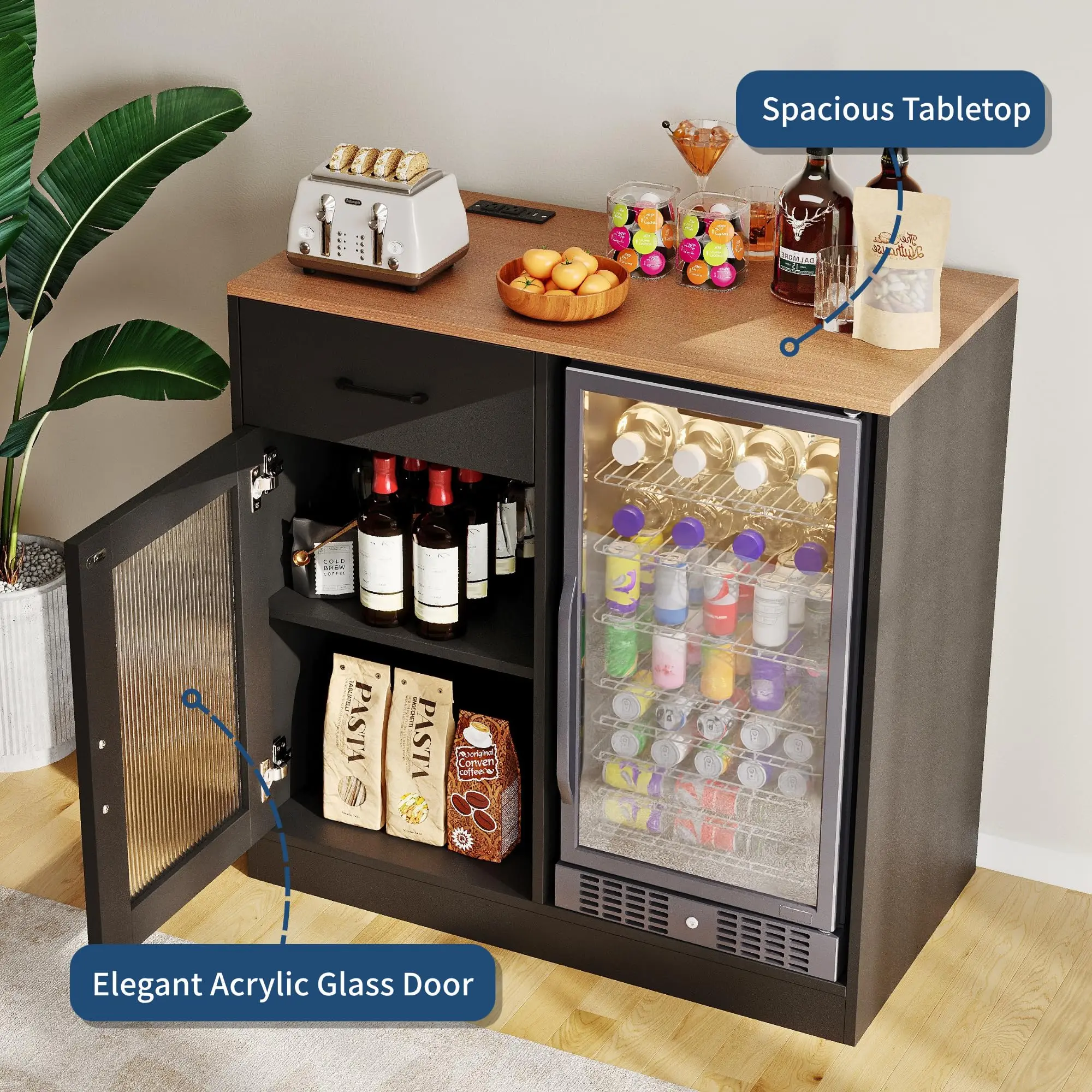 Modern Coffee Bar Cabinet with Mini Fridge Space – Stylish Home Beverage Station - Image 5