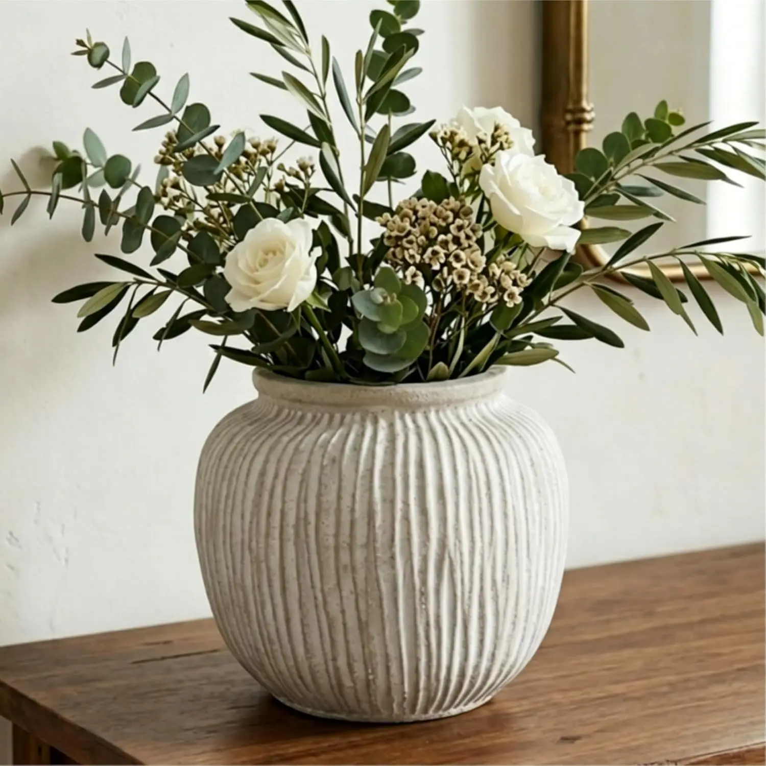 Rustic Round Floor Vase – 9-Inch Distressed White Decorative Home Accent - Image 1