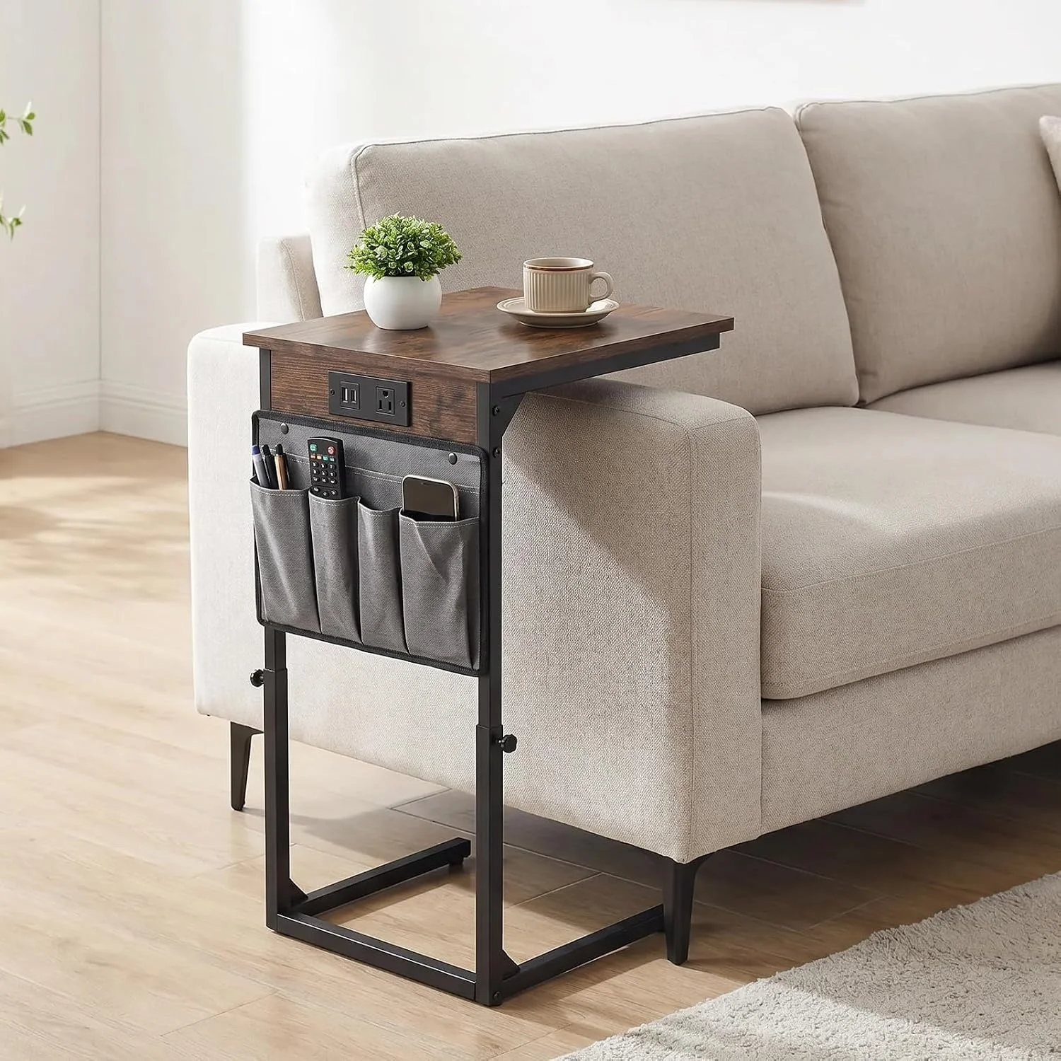 Height-Adjustable C-Shaped End Table with Side Pocket – Modern Space-Saving Sofa Table - Image 1