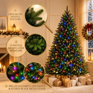 Pre-Lit Artificial Christmas Tree – 6FT & 7.5FT with Colorful LED Lights - Thumbnail Image 3