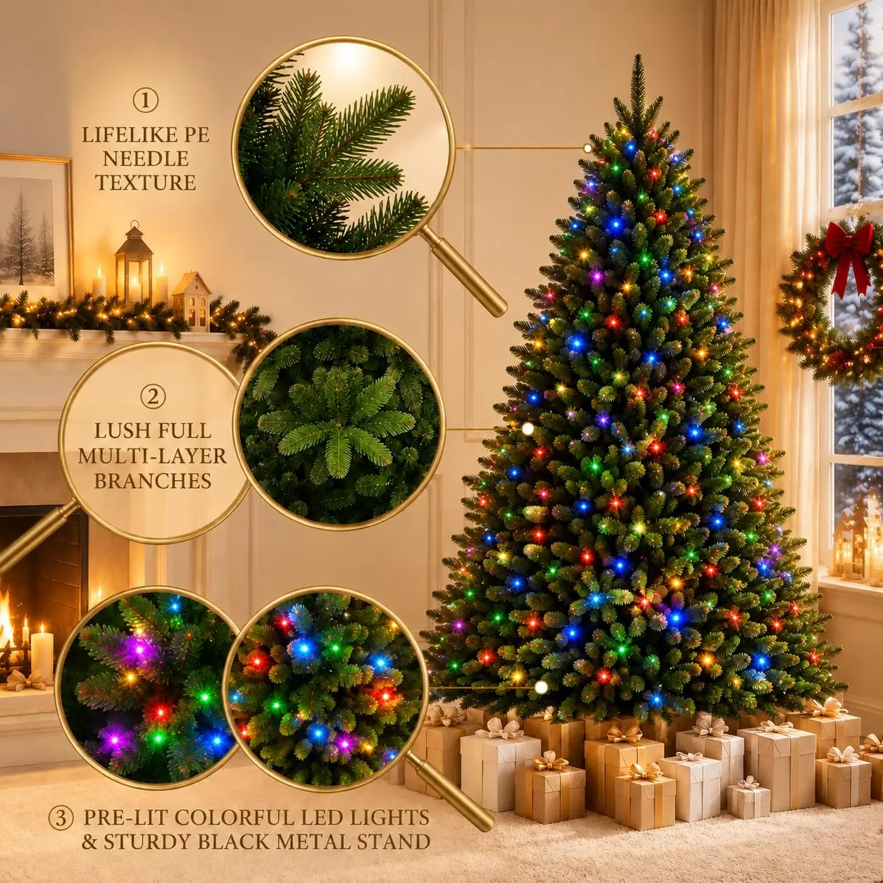 Pre-Lit Artificial Christmas Tree – 6FT & 7.5FT with Colorful LED Lights - Image 3