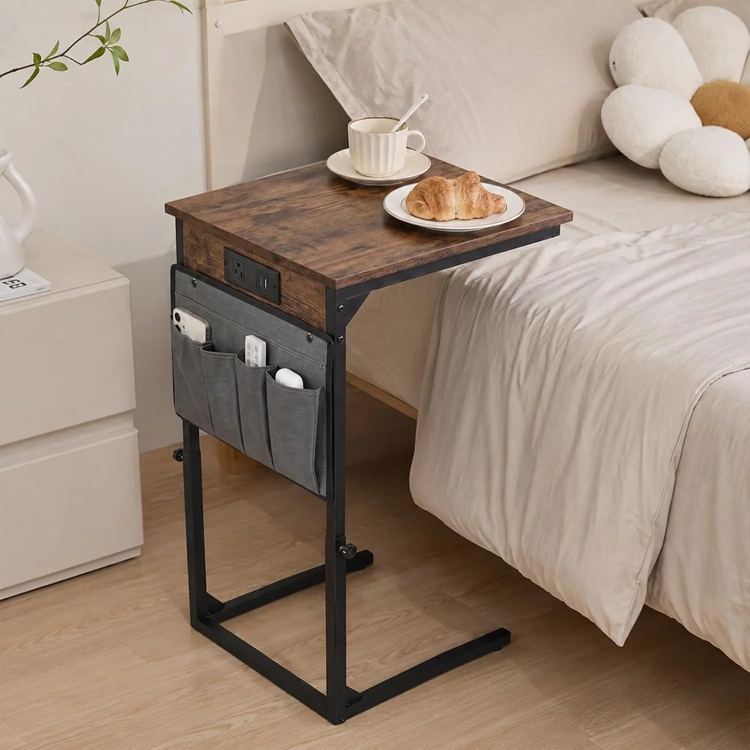 Height-Adjustable C-Shaped End Table with Side Pocket – Modern Space-Saving Sofa Table - Image 4