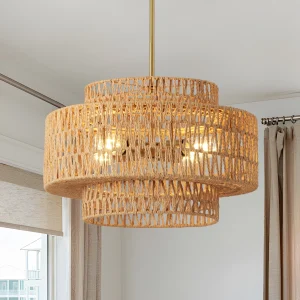 17.7" 4-Light Woven Rattan-Look Chandelier – Boho Drum Pendant Light - Thumbnail Image 4