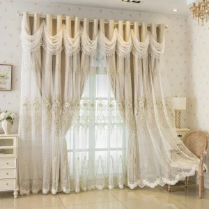 Luxury French Romantic Beige Blackout Curtains – 3D Floral Embroidery & Elegant Lace Valance - Thumbnail Image 7