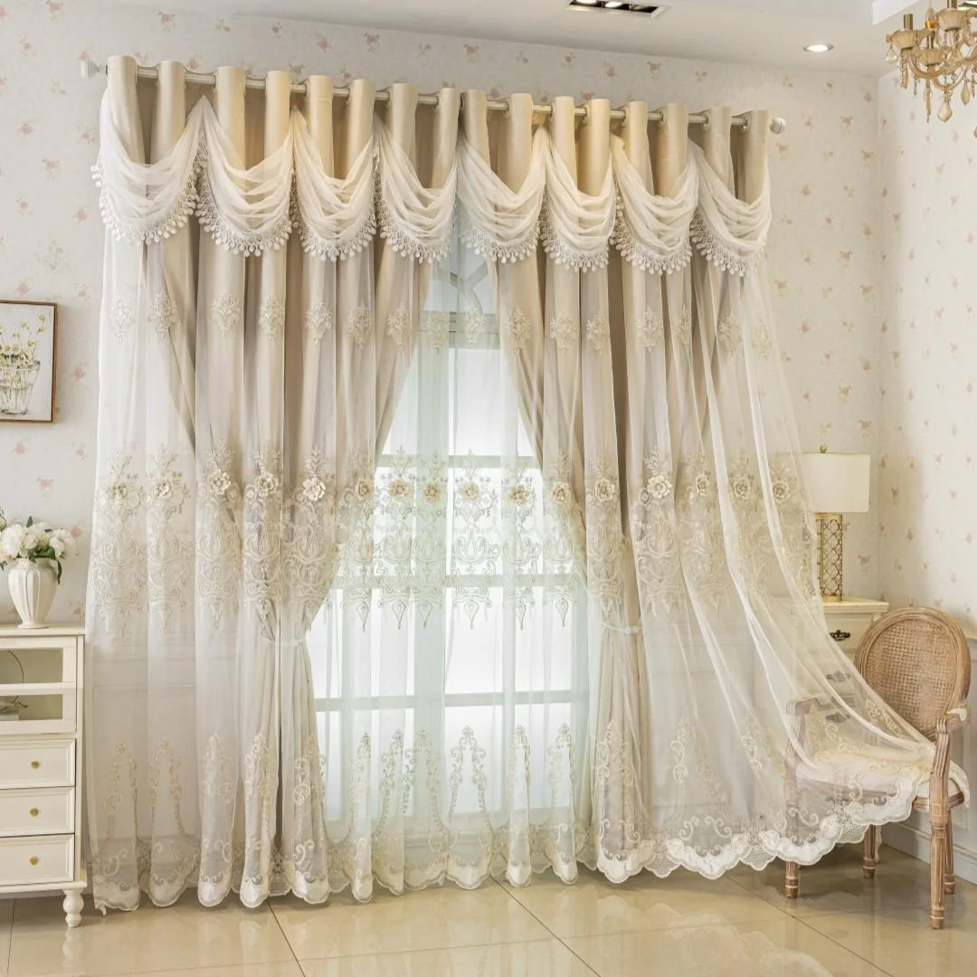 Luxury French Romantic Beige Blackout Curtains – 3D Floral Embroidery & Elegant Lace Valance - Image 7