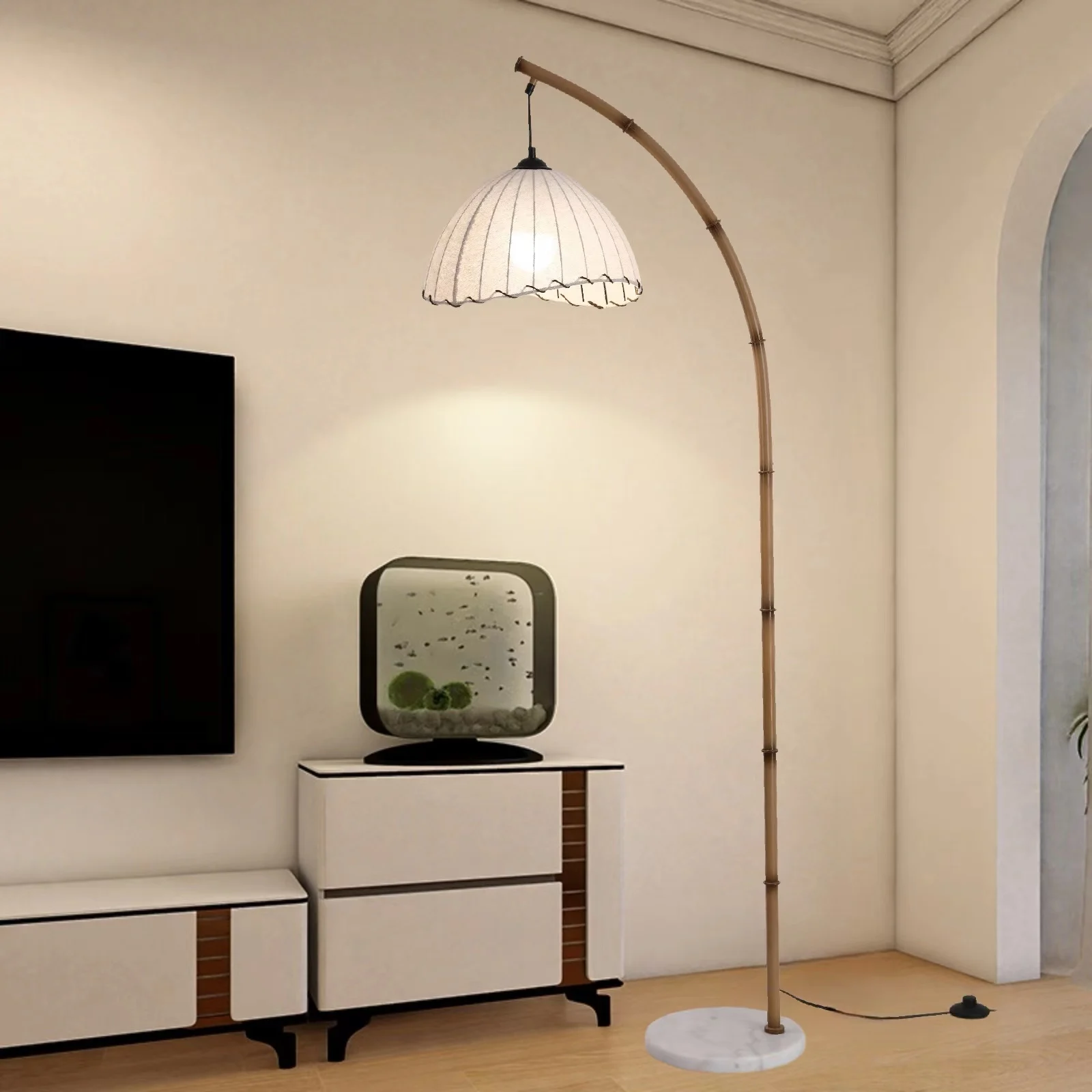 Wabi-Sabi Bamboo Arched Floor Lamp – Modern Pleated Shade with Marble Base & 3-Color LED Lighting - Image 4