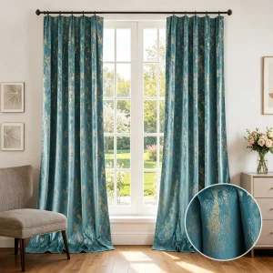 Luxury Teal & Gold Foil Velvet Blackout Curtains – 2-Panel Vintage Window Drapes