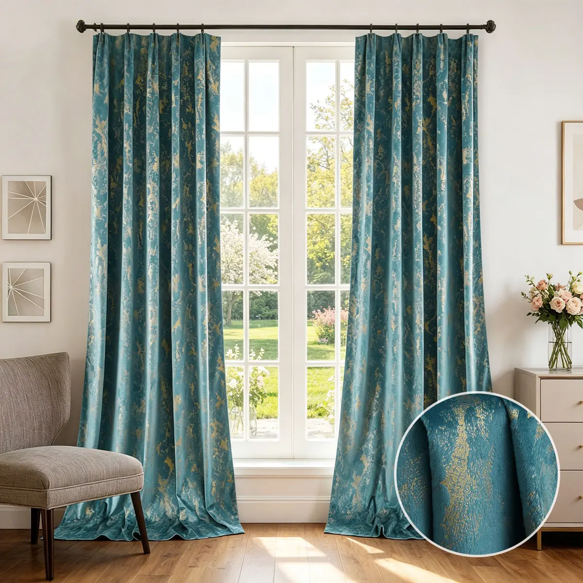 Luxury Teal & Gold Foil Velvet Blackout Curtains – 2-Panel Vintage Window Drapes - Image 1