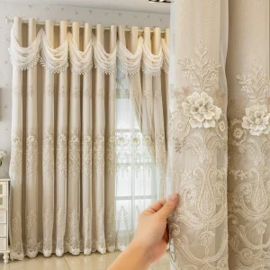 Luxury French Romantic Beige Blackout Curtains – 3D Floral Embroidery & Elegant Lace Valance