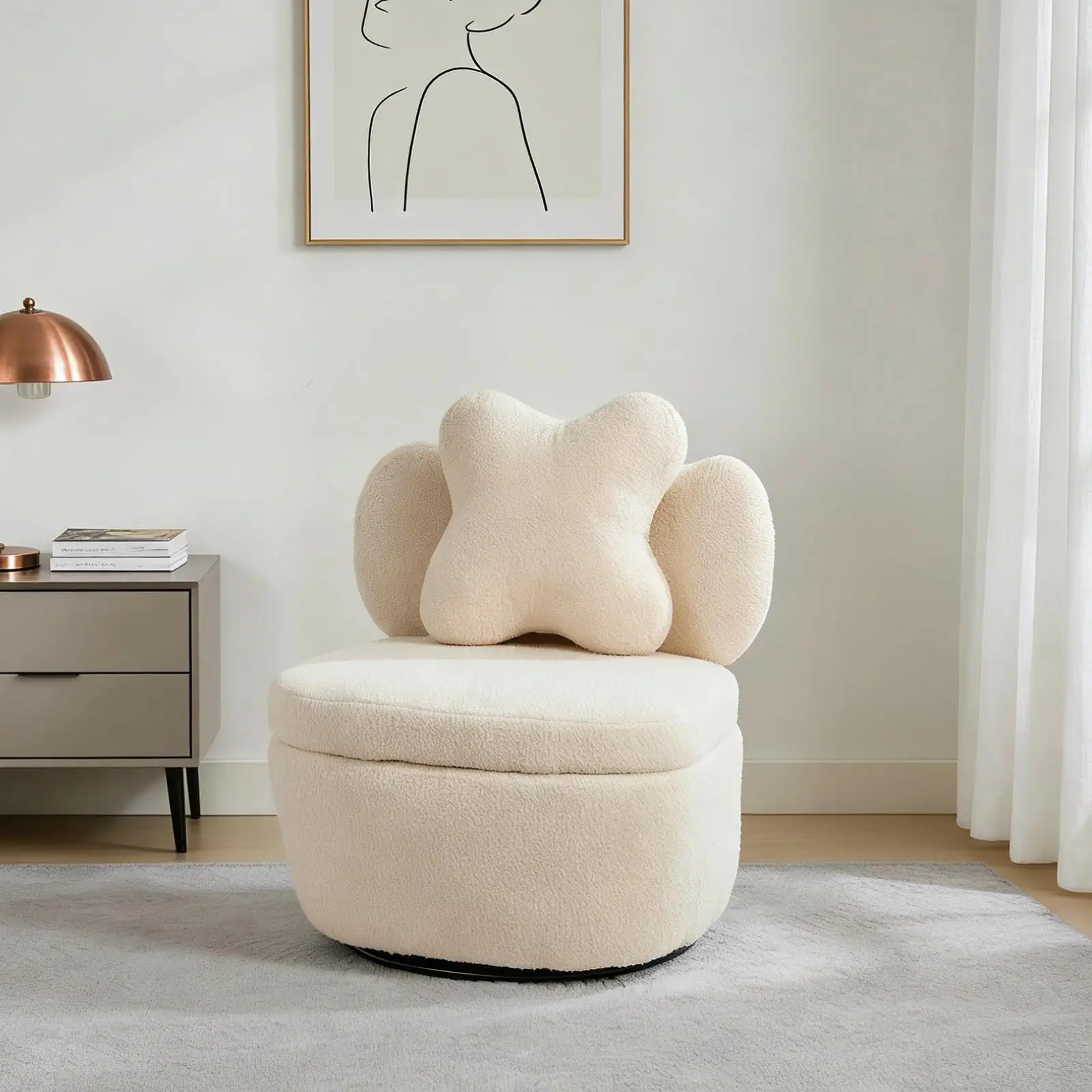 360° Swivel Accent Chair with Hidden Storage – Teddy Velvet Heart-Back Armchair - Image 2