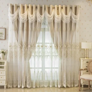 Luxury French Romantic Beige Blackout Curtains – 3D Floral Embroidery & Elegant Lace Valance - Thumbnail Image 4