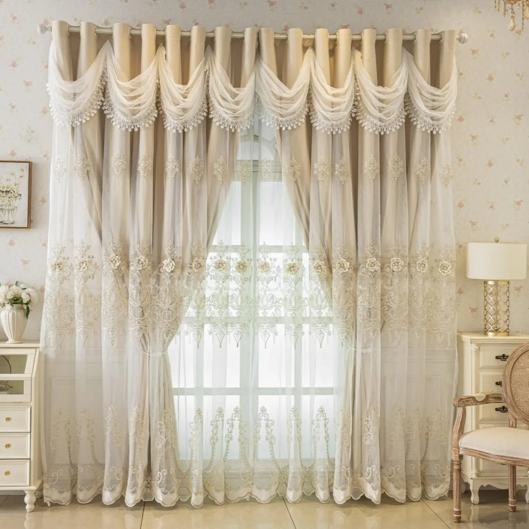 Luxury French Romantic Beige Blackout Curtains – 3D Floral Embroidery & Elegant Lace Valance - Image 4