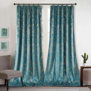 Luxury Teal & Gold Foil Velvet Blackout Curtains – 2-Panel Vintage Window Drapes - Thumbnail Image 2