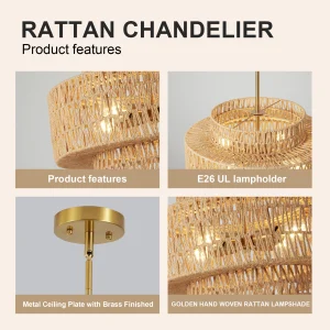 17.7" 4-Light Woven Rattan-Look Chandelier – Boho Drum Pendant Light - Thumbnail Image 7