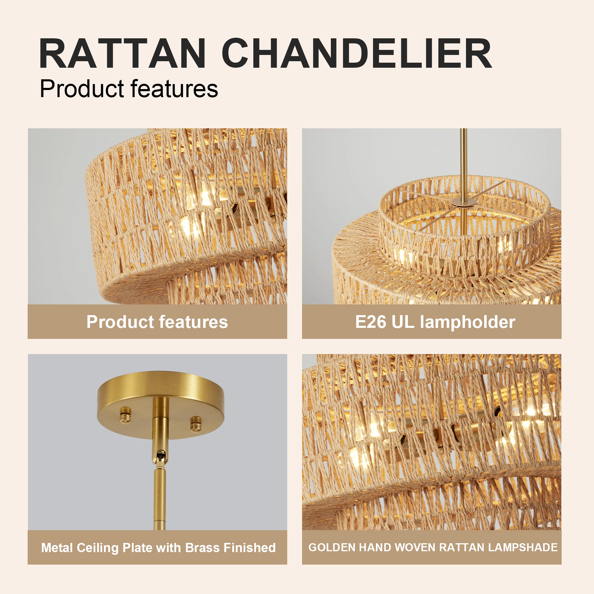 17.7" 4-Light Woven Rattan-Look Chandelier – Boho Drum Pendant Light - Image 7